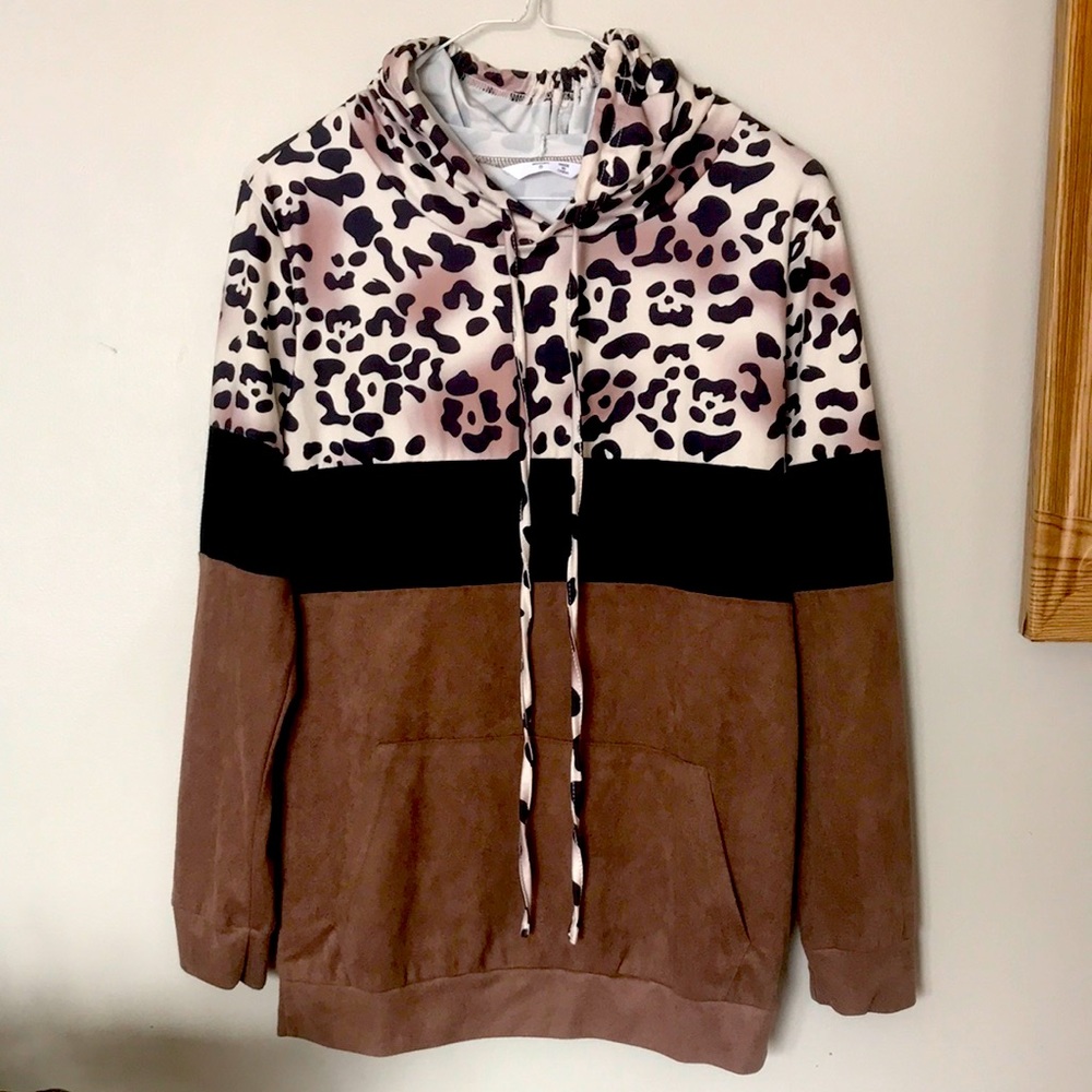 Leopard and faux suede hooded sweatshirt